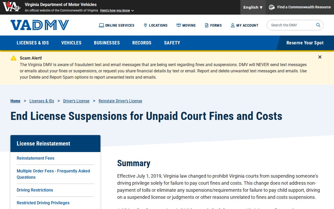 Southampton County traffic warrant license rule for unpaid court fines