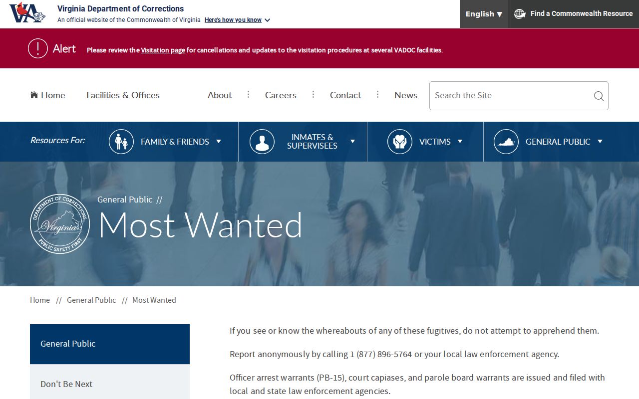 Southampton County warrant records context for the separate Virginia DOC wanted program