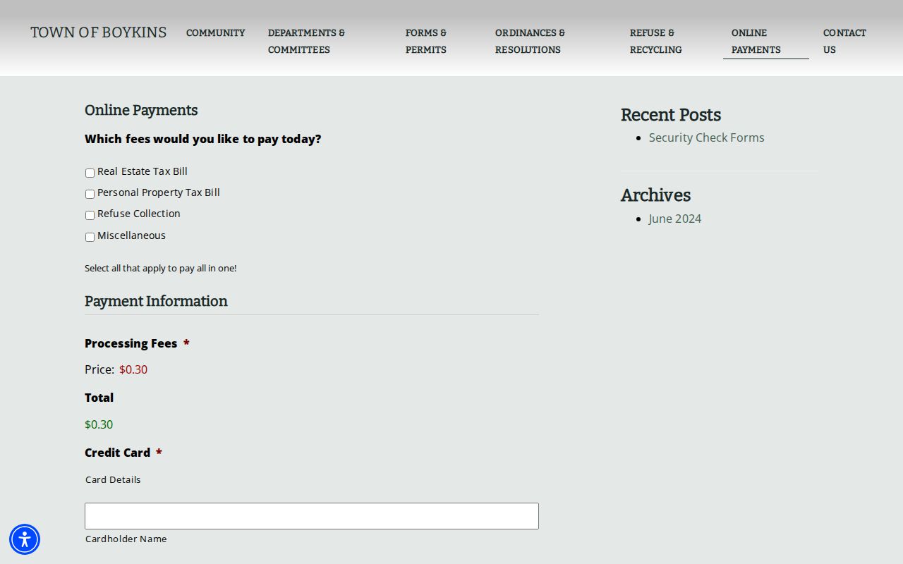 Southampton County municipal-court warrant guide showing Boykins payment form fields