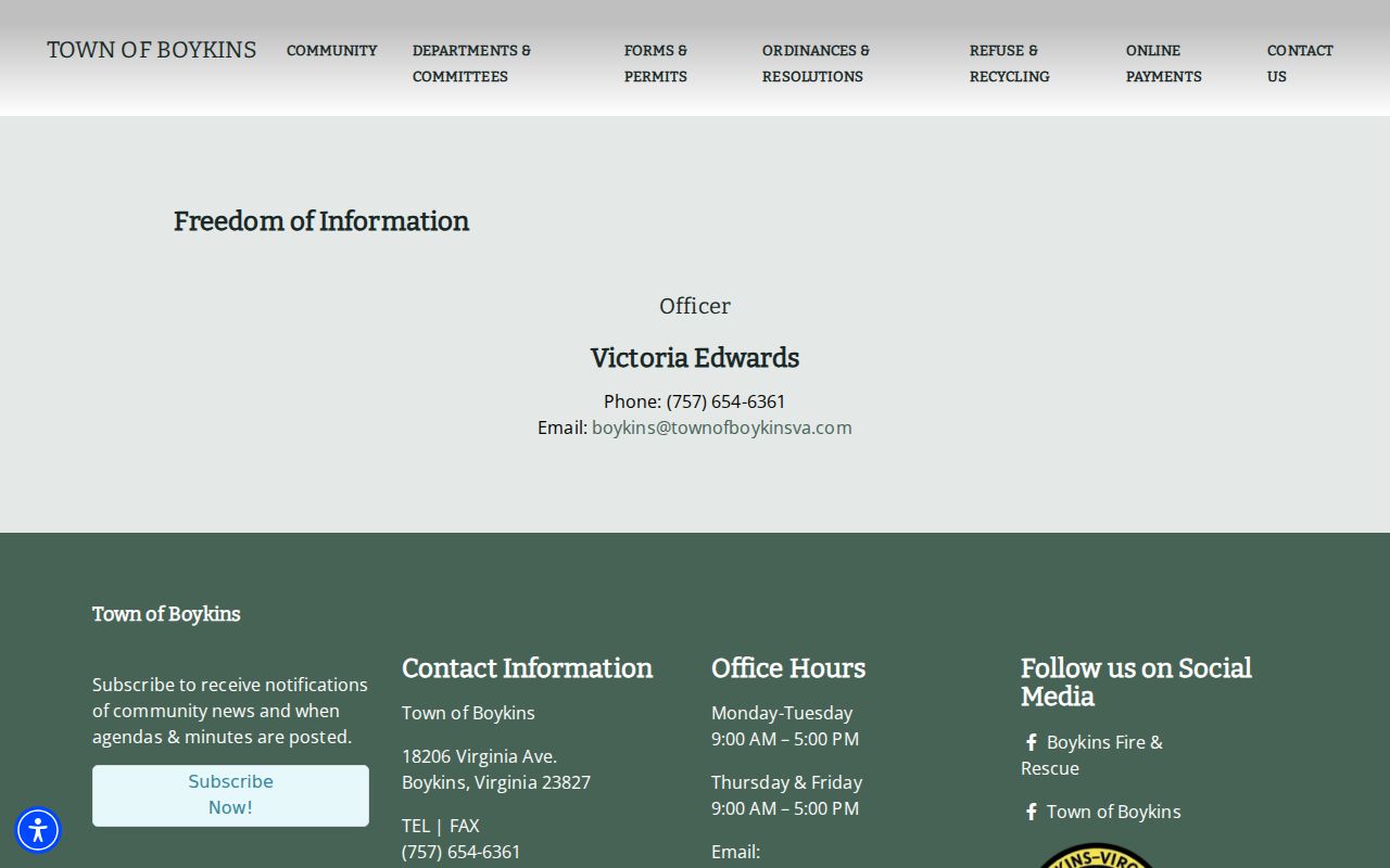 Southampton County Boykins warrant records FOIA request contact and instructions