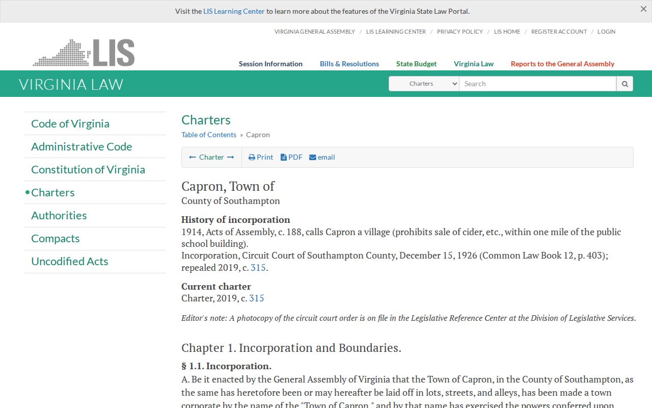 Southampton County Capron warrant records charter and local-government structure