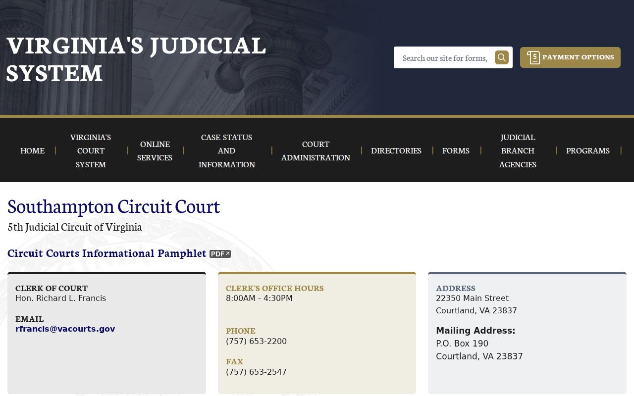 Southampton County Courtland felony warrant records route through Circuit Court